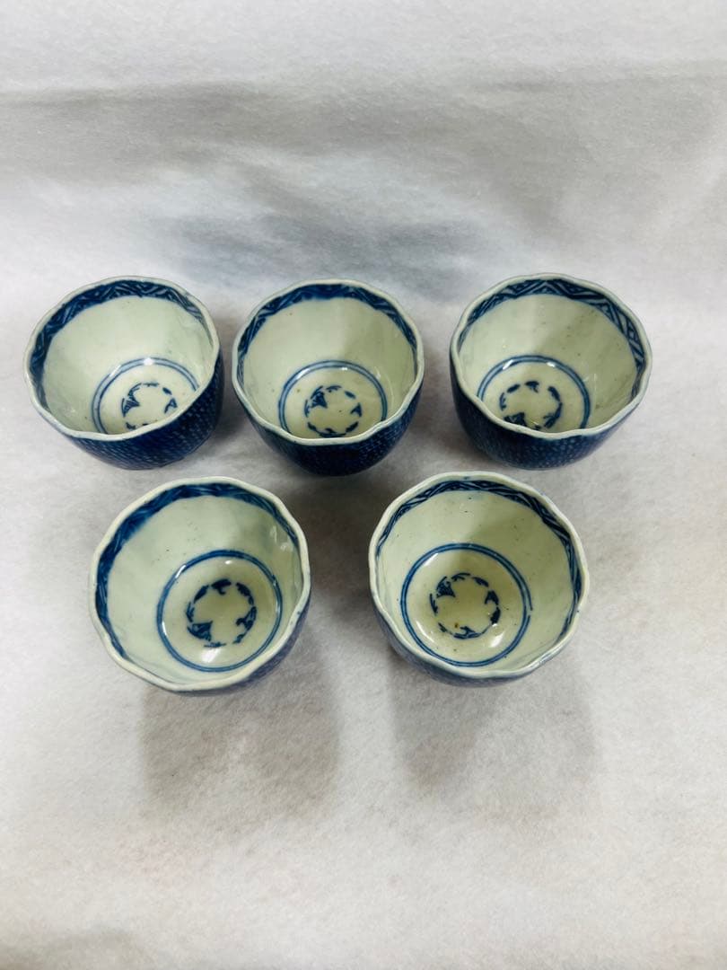 明治時代　古伊万里 当時物　微塵唐草 蕎麦猪口 染付5客