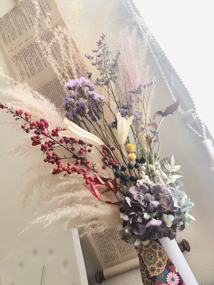 ◆和モダン◆ 大きめスワッグ　紫陽花　パンパスグラス　ブーケ　ドライフラワー