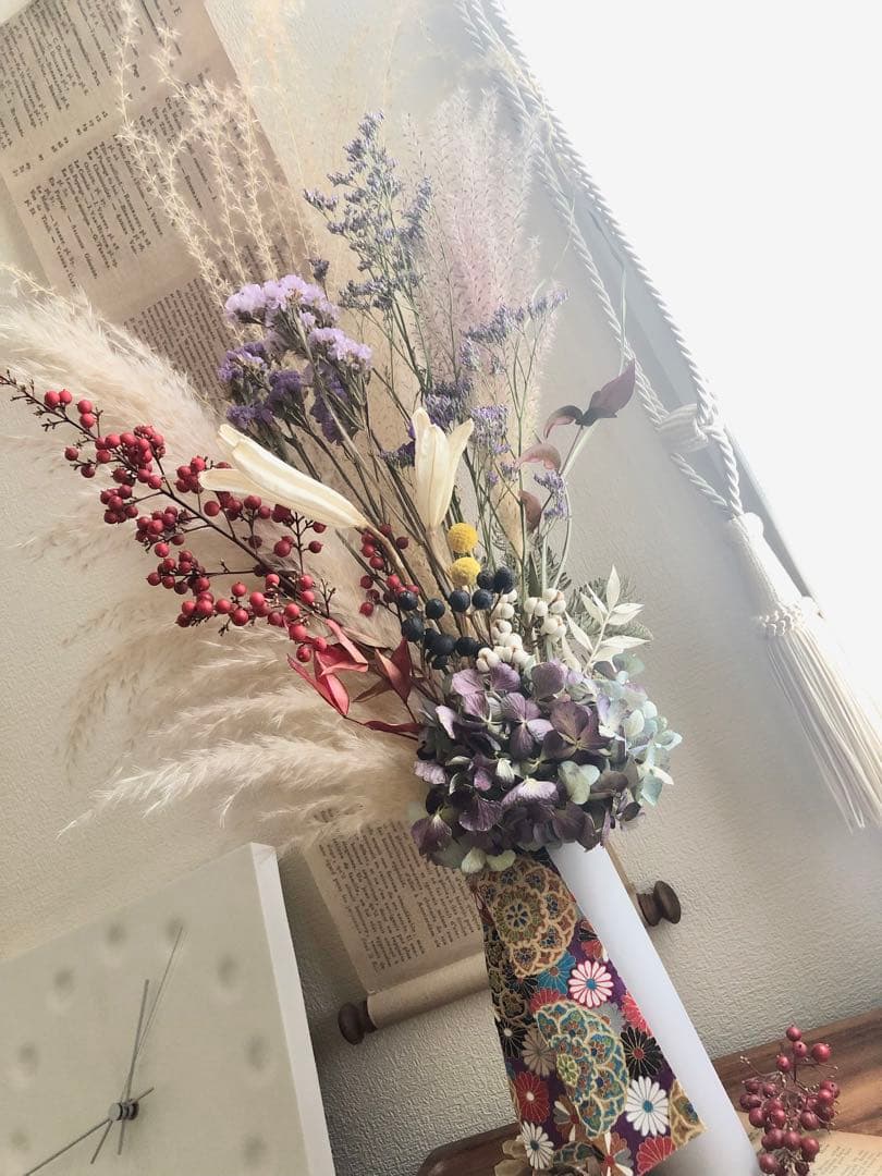 ◆和モダン◆ 大きめスワッグ　紫陽花　パンパスグラス　ブーケ　ドライフラワー