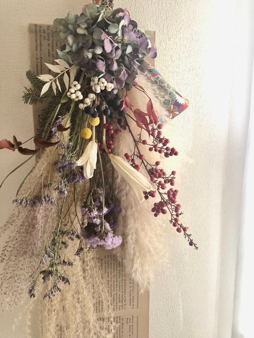 ◆和モダン◆ 大きめスワッグ　紫陽花　パンパスグラス　ブーケ　ドライフラワー