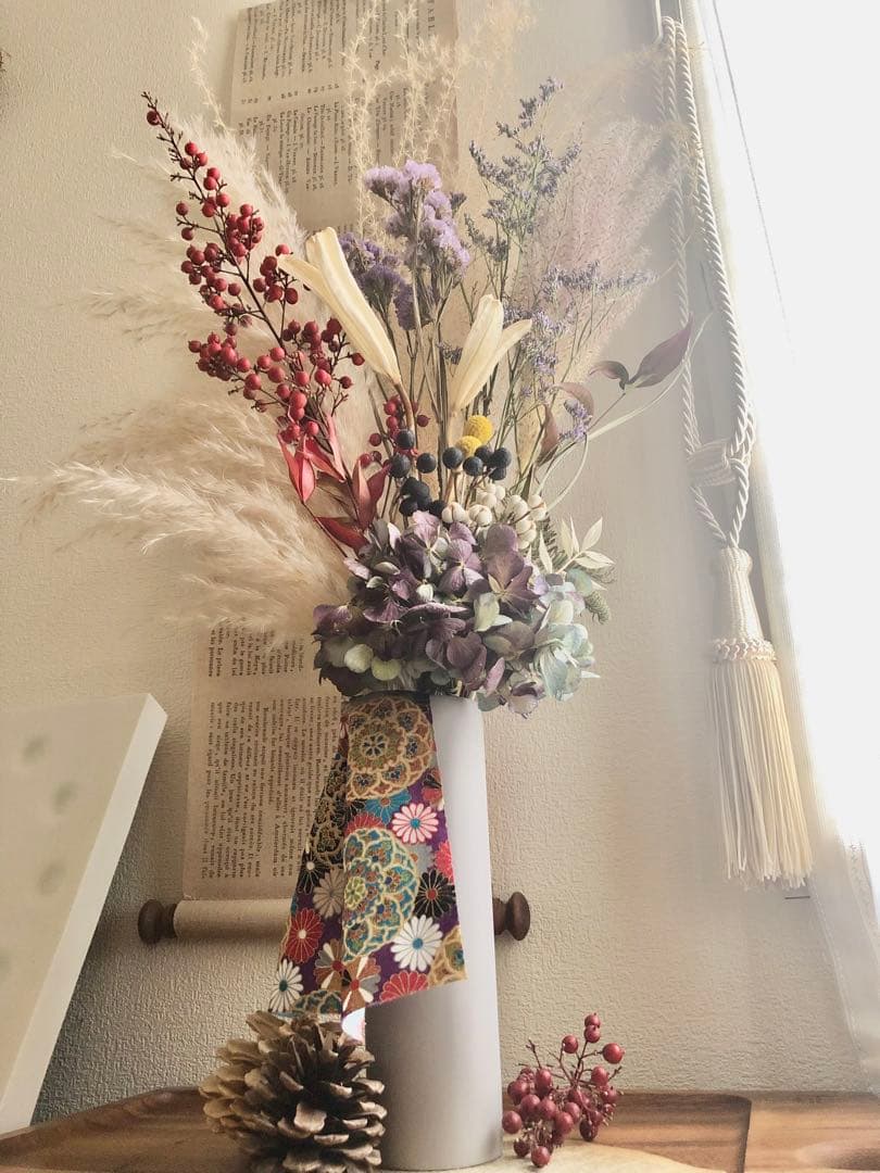 ◆和モダン◆ 大きめスワッグ　紫陽花　パンパスグラス　ブーケ　ドライフラワー