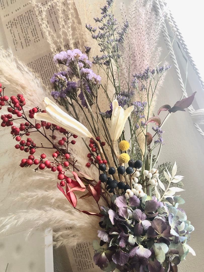 ◆和モダン◆ 大きめスワッグ　紫陽花　パンパスグラス　ブーケ　ドライフラワー