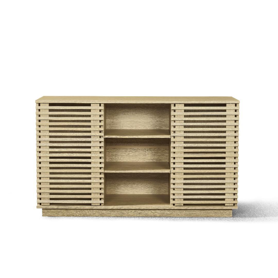 【新品】オーク色ムービングドアキャビネット 大容量リビング収納