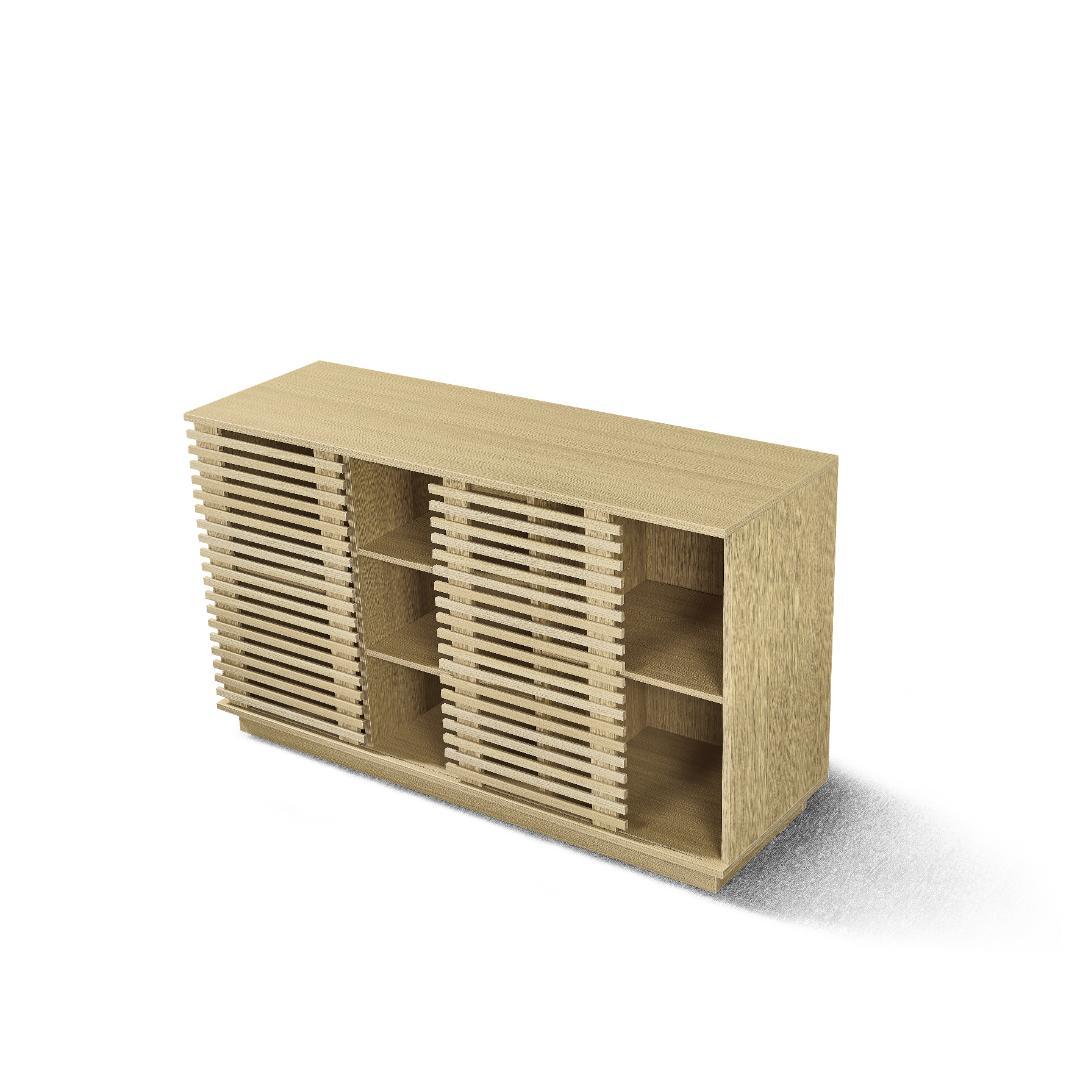 【新品】オーク色ムービングドアキャビネット 大容量リビング収納