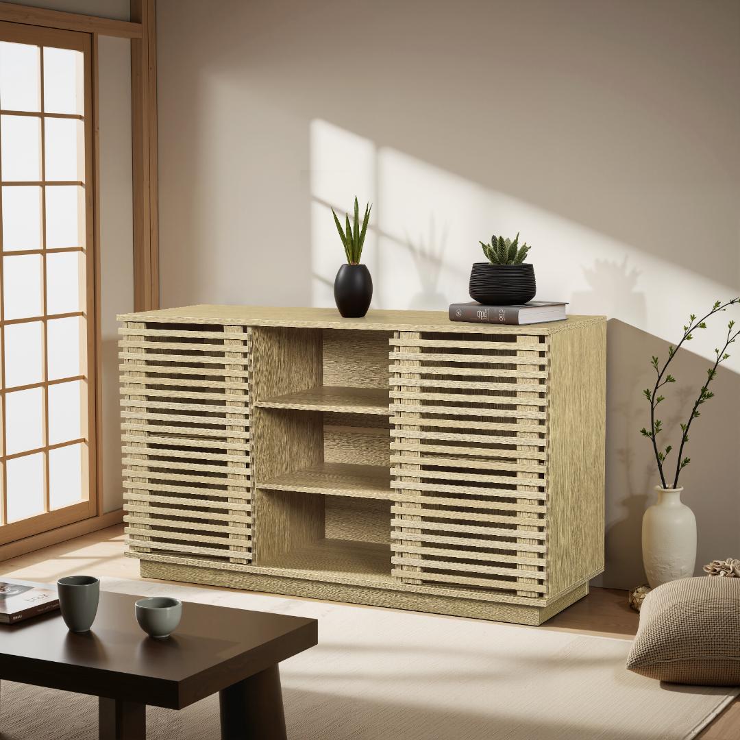 【新品】オーク色ムービングドアキャビネット 大容量リビング収納