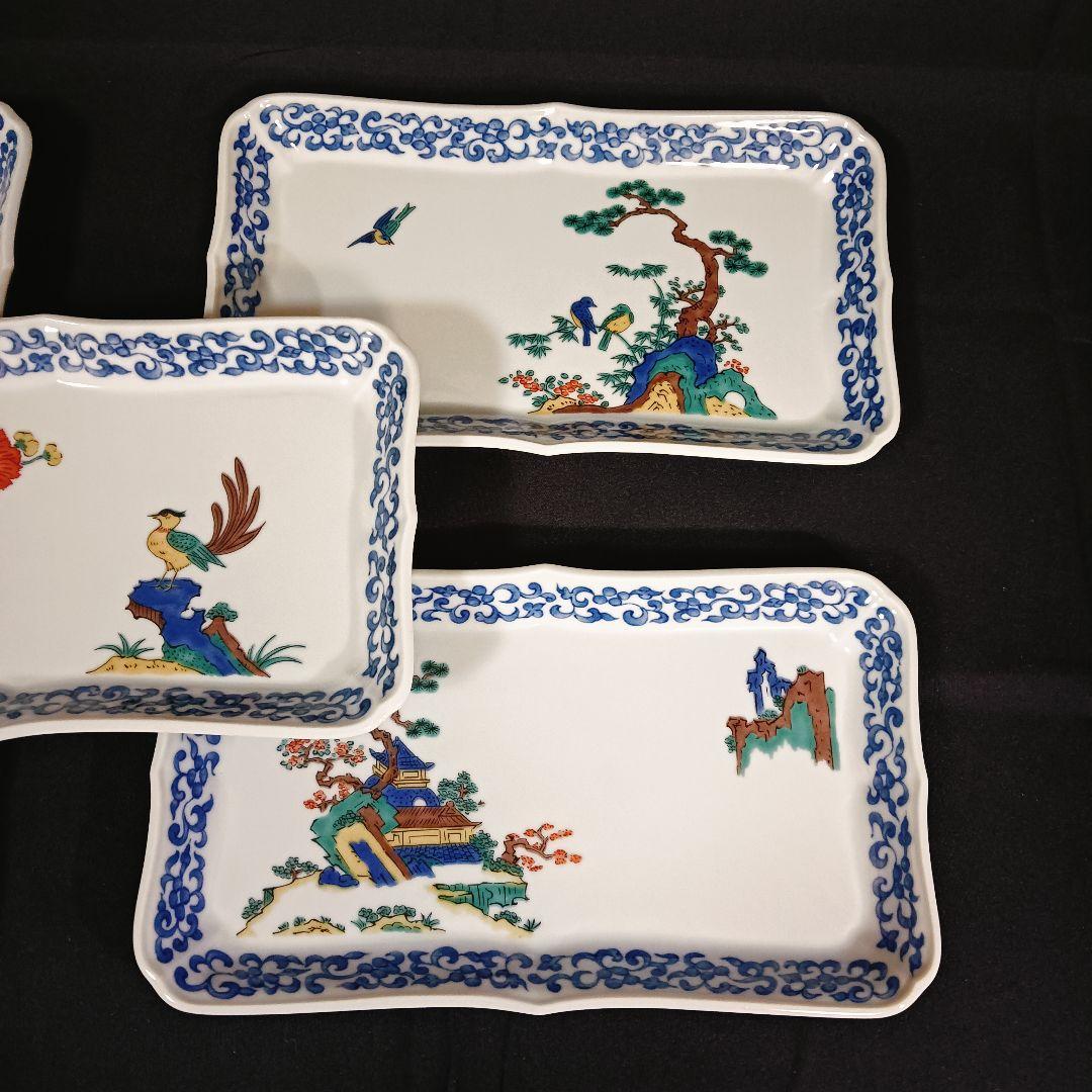 九谷焼　青郊窯　絵変わり　花鳥図　長角皿　5客　焼物皿