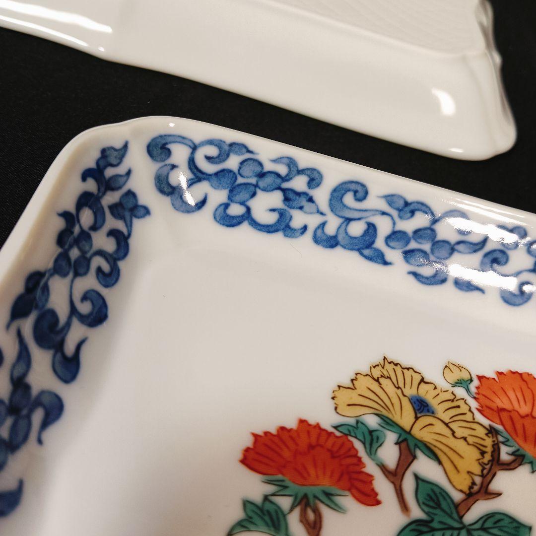 九谷焼　青郊窯　絵変わり　花鳥図　長角皿　5客　焼物皿