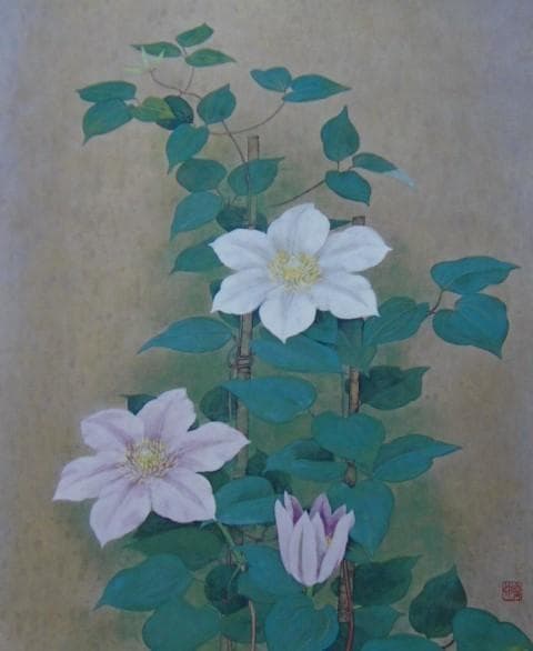 藤原 敏行【鉄線花】希少画集画、状態良好、新品高級額装付