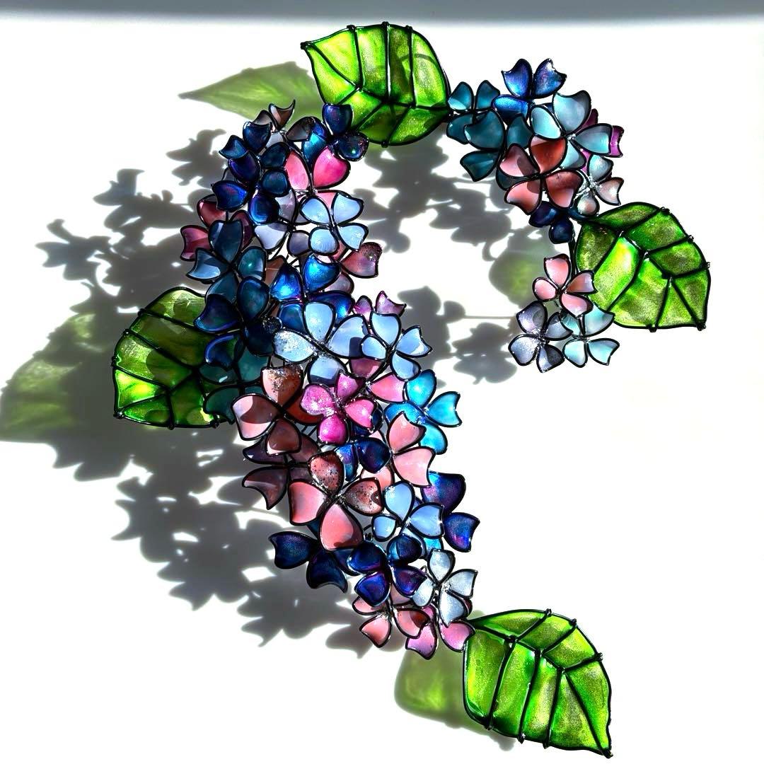 ピンクブルー紫陽花リース　ワイヤークラフト　ディップアート　壁飾り