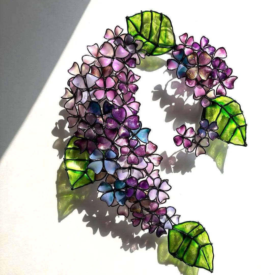 ピンクブルー紫陽花リース　ワイヤークラフト　ディップアート　壁飾り