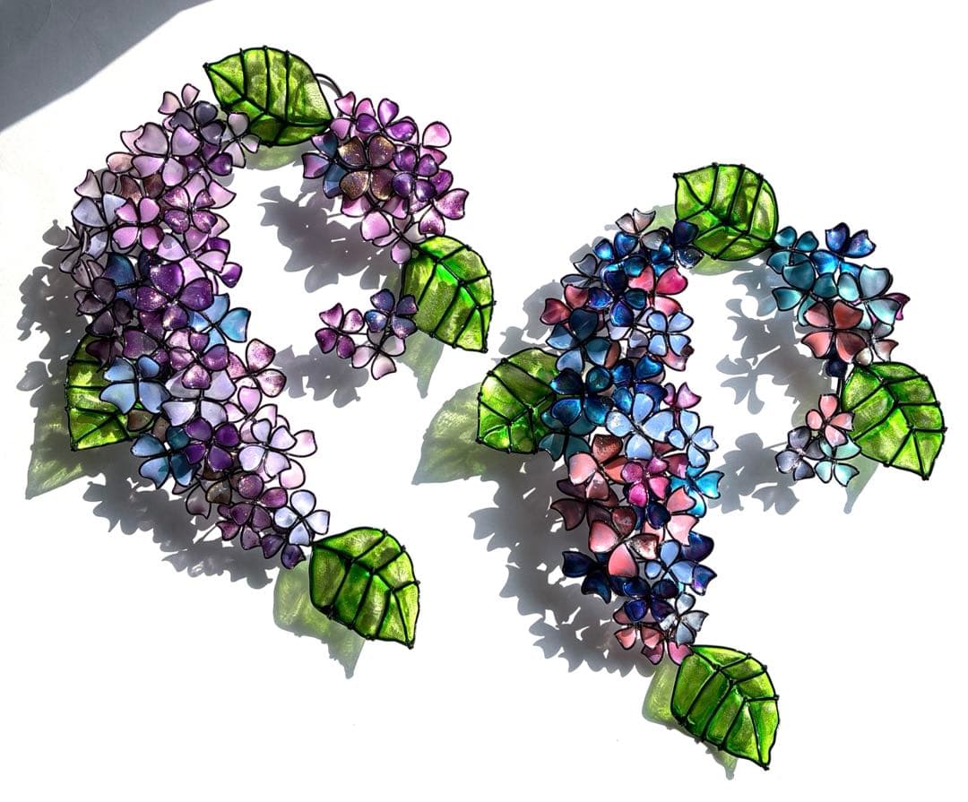 ピンクブルー紫陽花リース　ワイヤークラフト　ディップアート　壁飾り