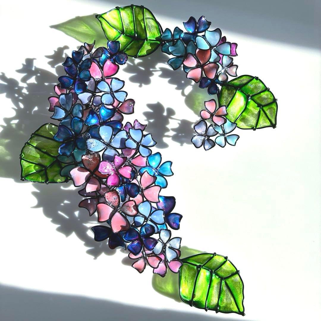 ピンクブルー紫陽花リース　ワイヤークラフト　ディップアート　壁飾り