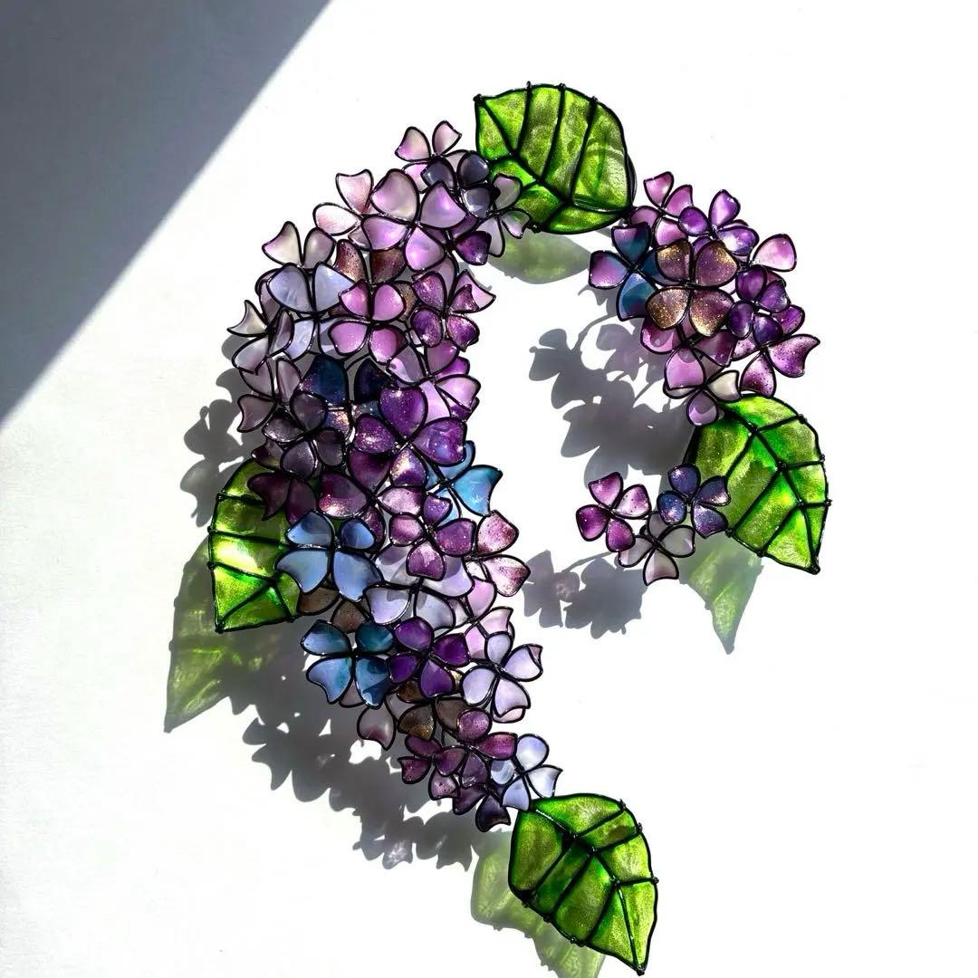 ピンクブルー紫陽花リース　ワイヤークラフト　ディップアート　壁飾り