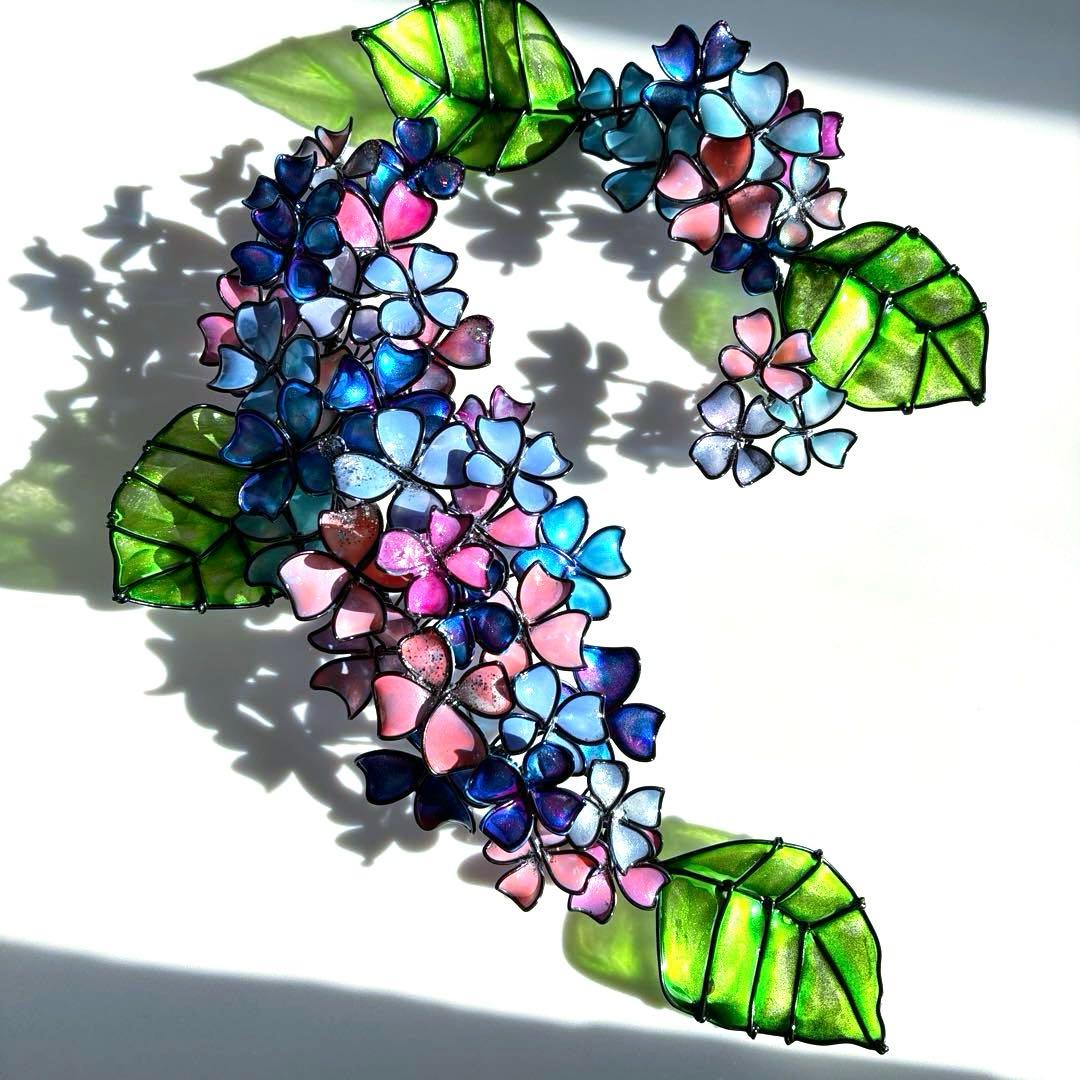 ピンクブルー紫陽花リース　ワイヤークラフト　ディップアート　壁飾り
