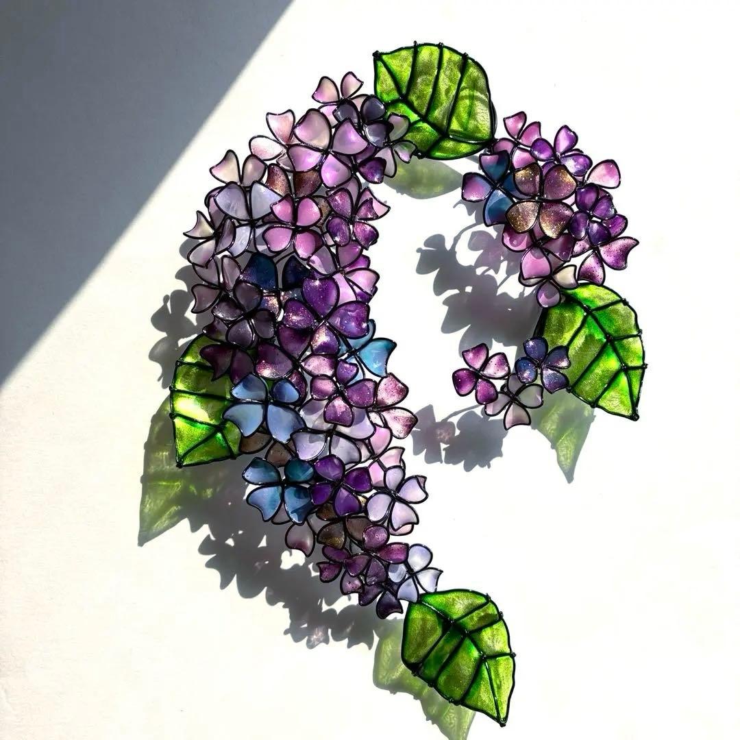 ピンクブルー紫陽花リース　ワイヤークラフト　ディップアート　壁飾り