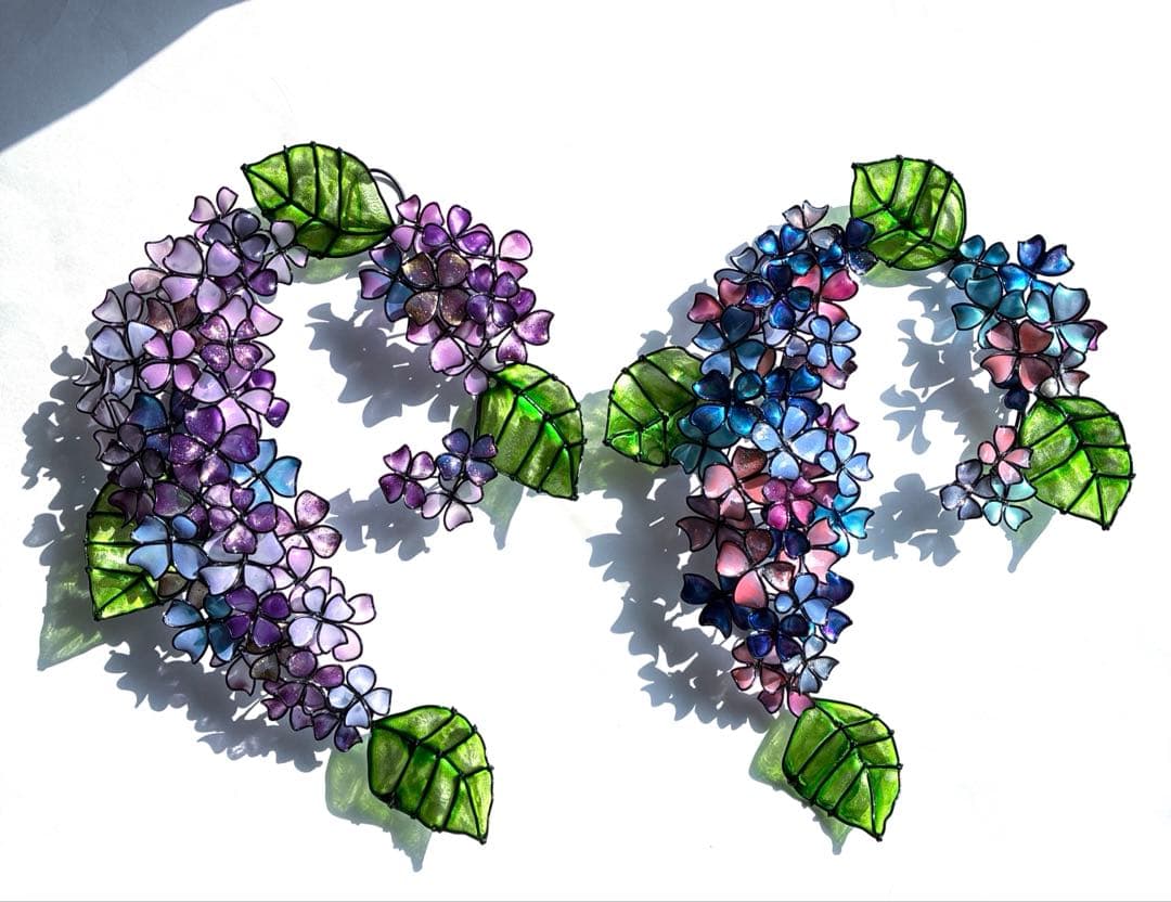 ピンクブルー紫陽花リース　ワイヤークラフト　ディップアート　壁飾り