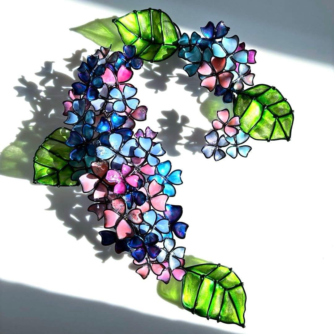 ピンクブルー紫陽花リース　ワイヤークラフト　ディップアート　壁飾り