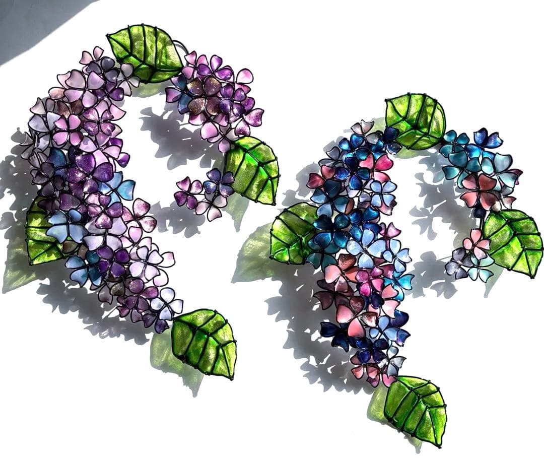 ピンクブルー紫陽花リース　ワイヤークラフト　ディップアート　壁飾り