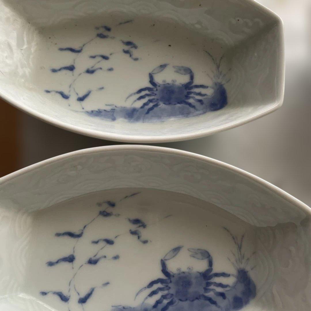 蟹の絵柄の白磁角皿5枚セット