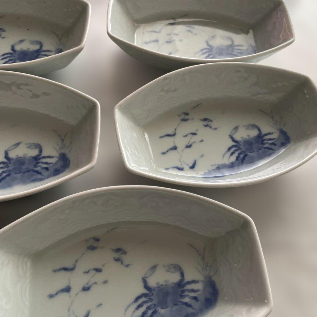 蟹の絵柄の白磁角皿5枚セット