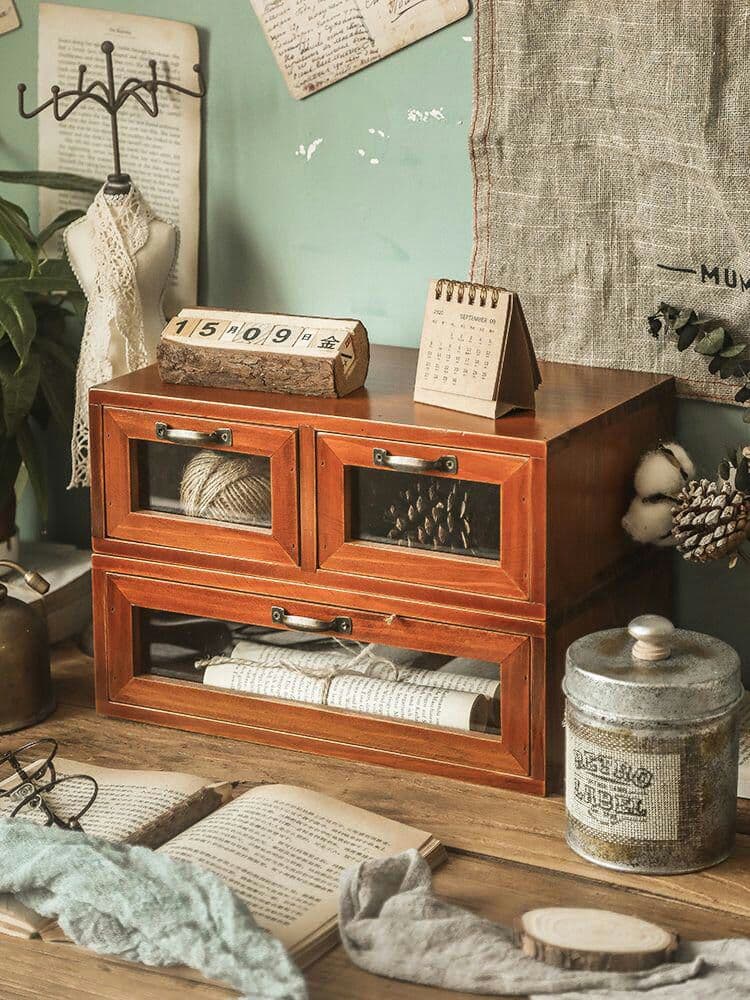 収納ボックス引き出し付き木製深型スタッキングチェストE