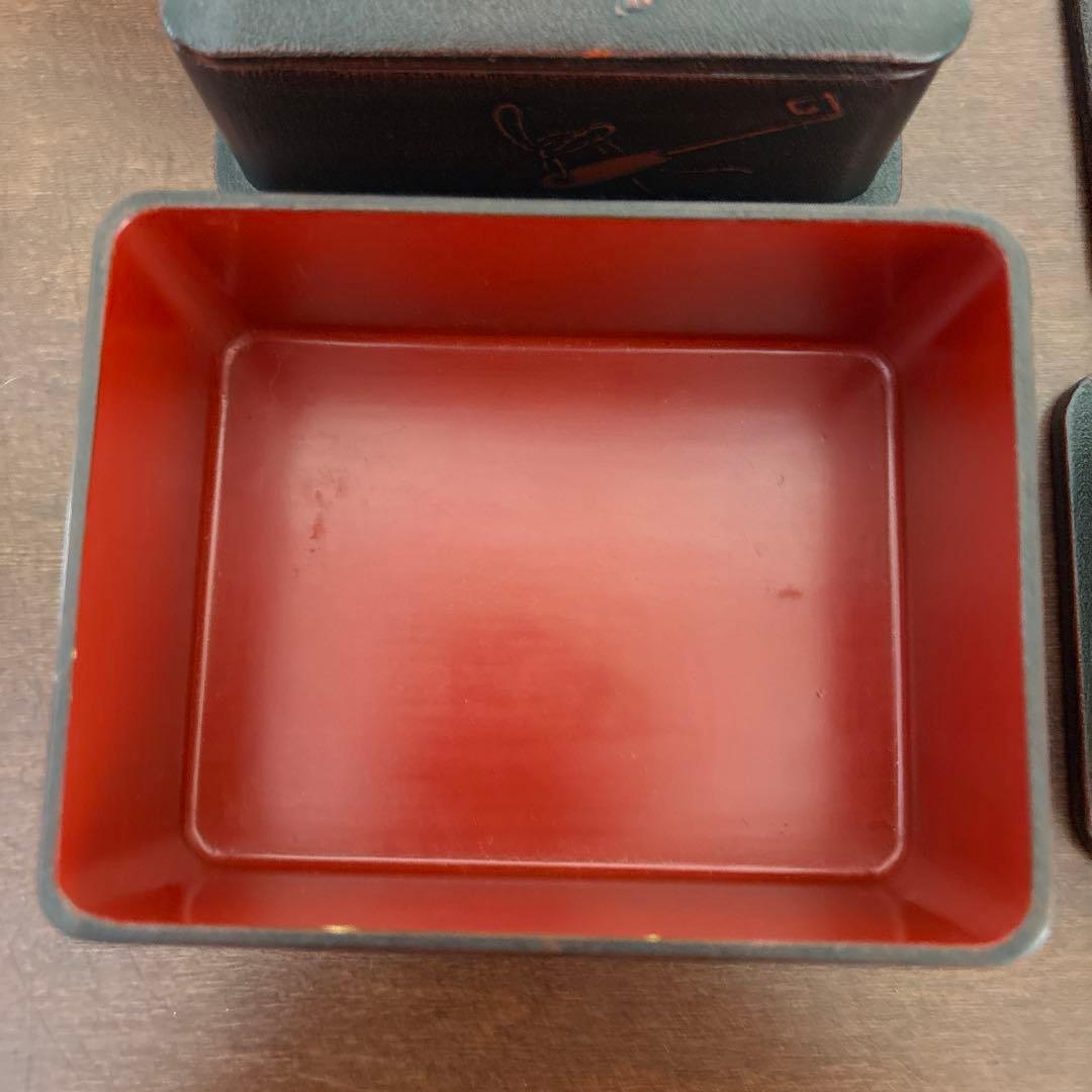 昭和レトロ 漆器 三段重 重箱 角重 民芸文様 蓋なしあり　宝箱　シール入れ