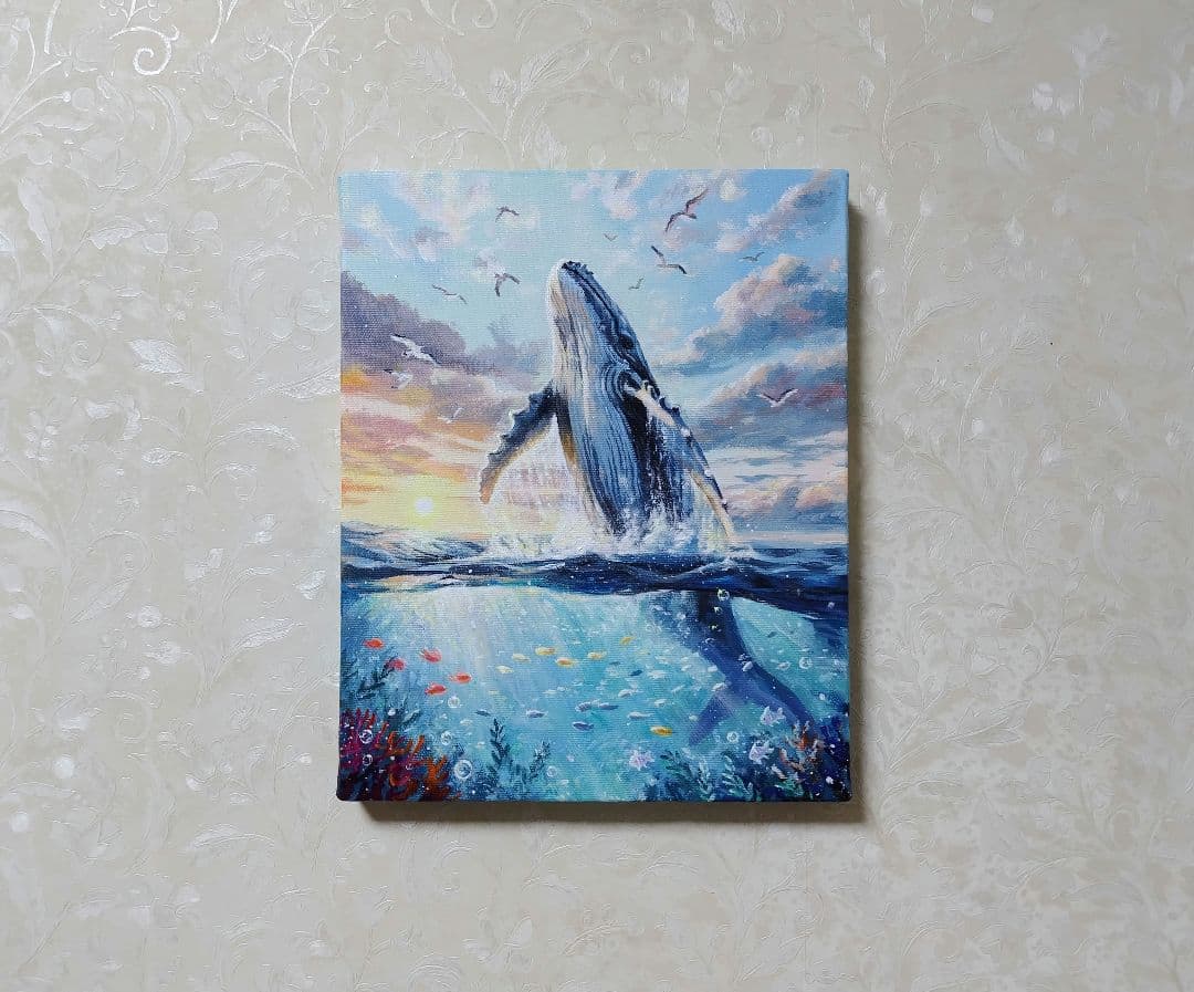 琥*ん様 【クジラの世界】アクリル画 F3 風景画 絵画