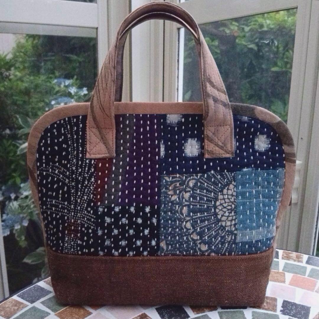 古布型染×酒袋　バッグ　ハンドメイド　時代物