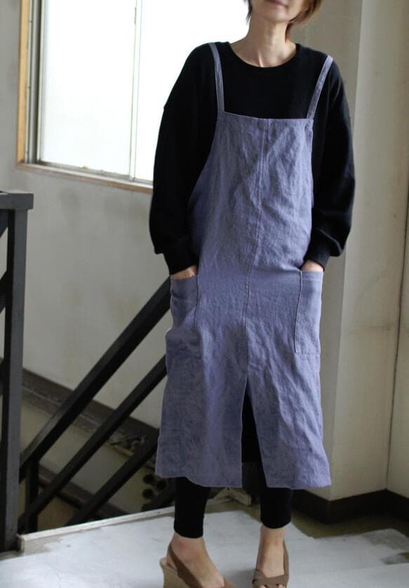 厚手リネンのワークエプロン　スリット入り　ベルギーリネン