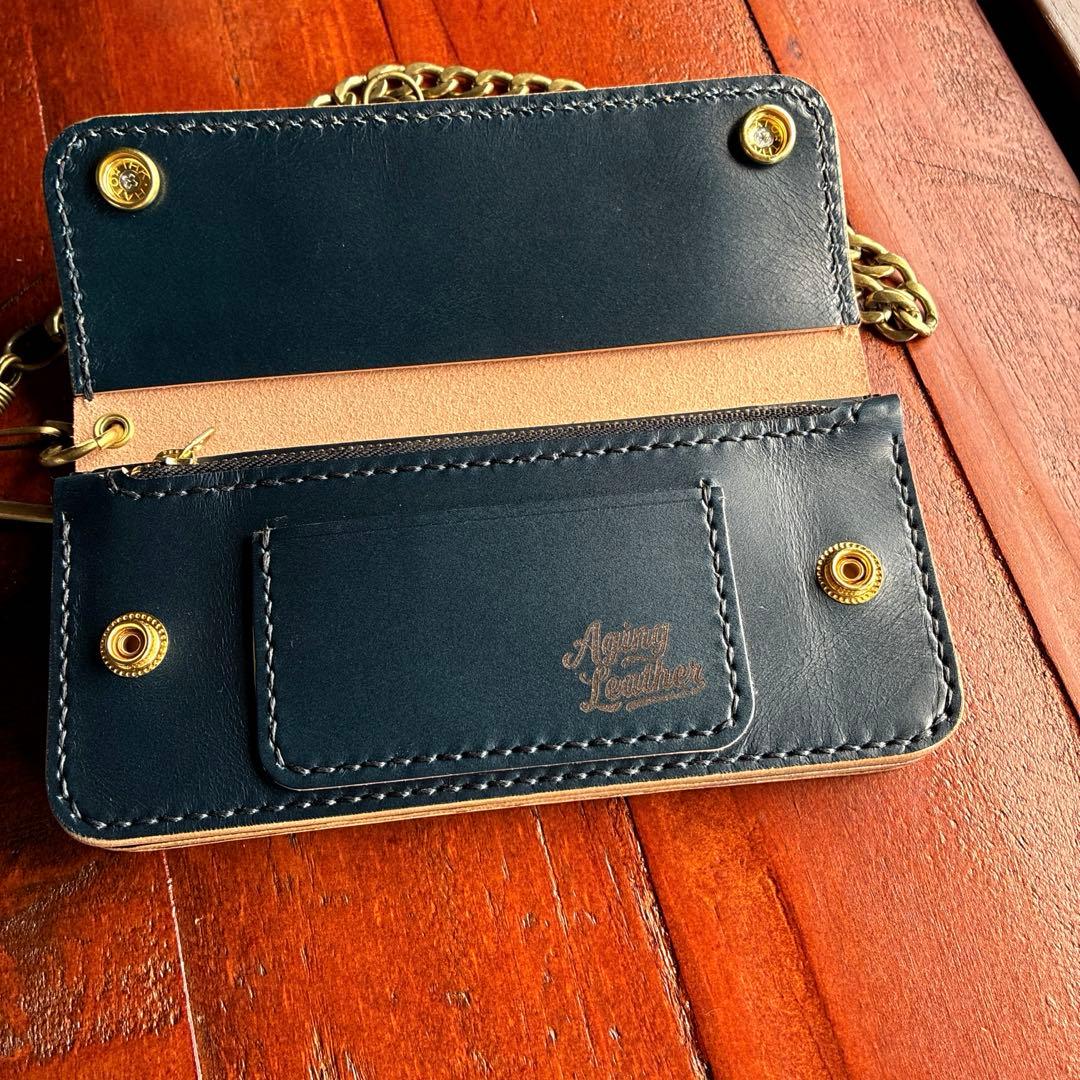 本革　財布　オールレザー　手縫い　トラッカーウォレット　チェーン付き