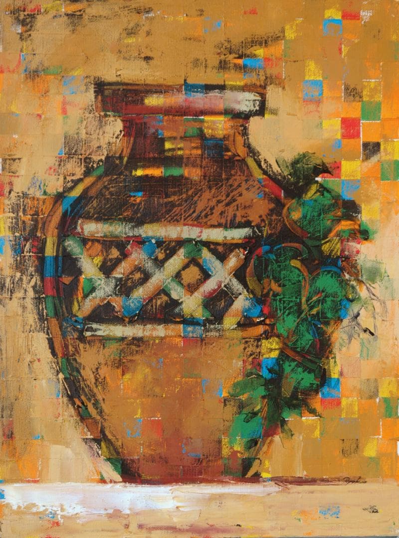 油絵 菅家令子 絵 絵画インテリア額付(白) uF6-064104 静物 壺 瓶