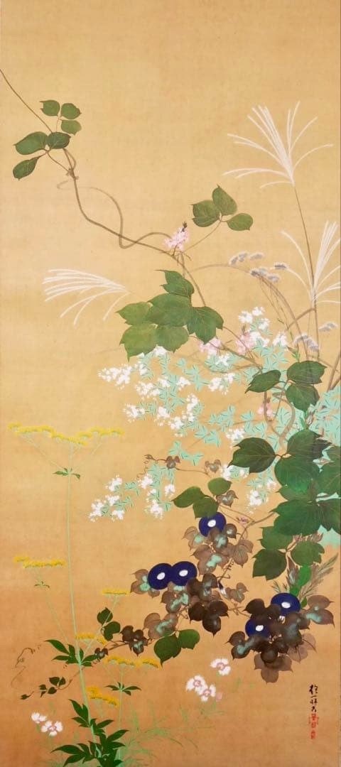 【酒井抱一　七草図　複製工藝品　掛軸】骨董　アンティーク　インテリア