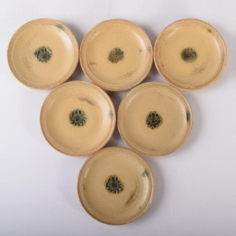 和食器　黄瀬戸　加藤春二作　桐文　銘々皿　六客　共箱　C　7435