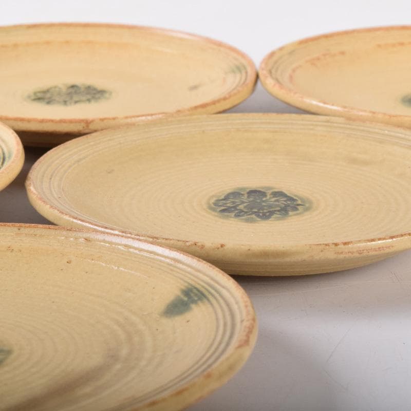 和食器　黄瀬戸　加藤春二作　桐文　銘々皿　六客　共箱　C　7435