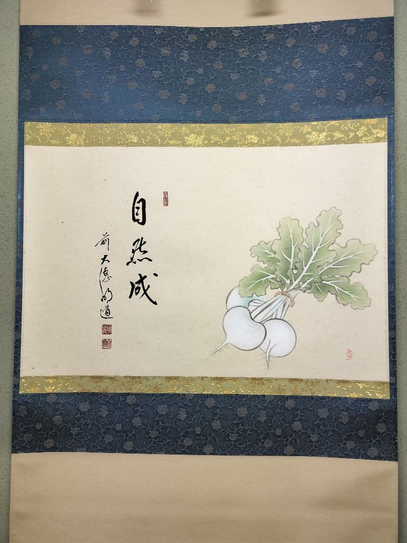 b958【新品・未使用】軸 横物 画賛 蕪の図 「自然成」戸上明道 木箱 茶道具