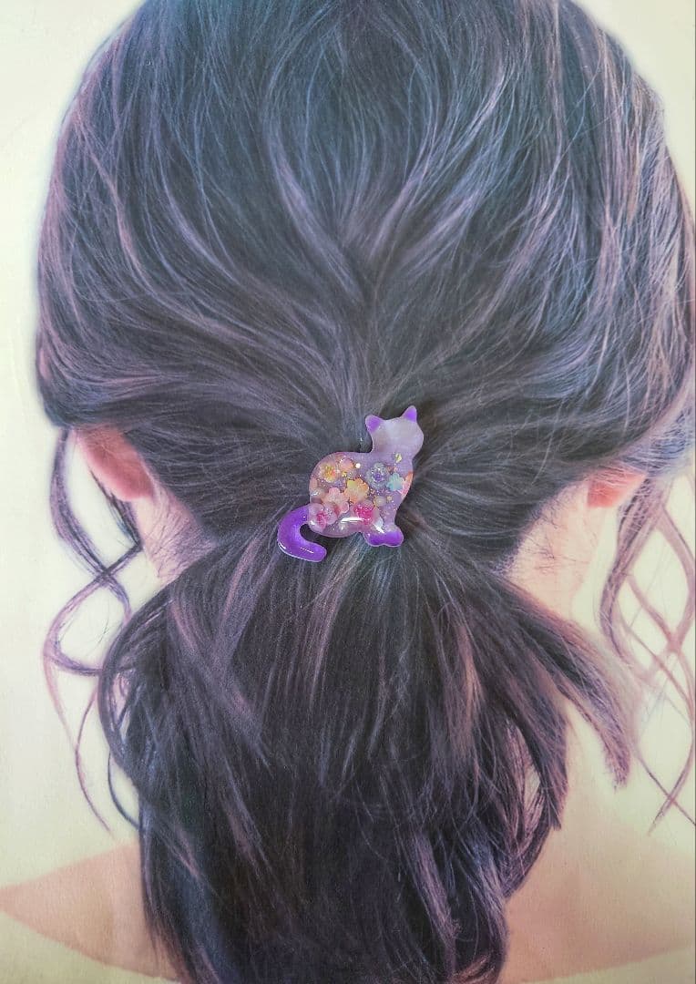 レジン　猫　ヘアゴム　ブローチ　ポニーフック　No.633