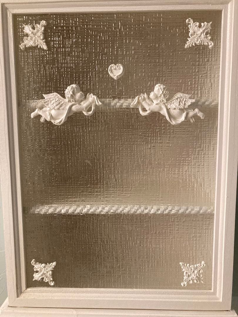 ホワイト木製キャビネット　ガラス棚DIYハンドメイド シェルフ ローラアシュレイ