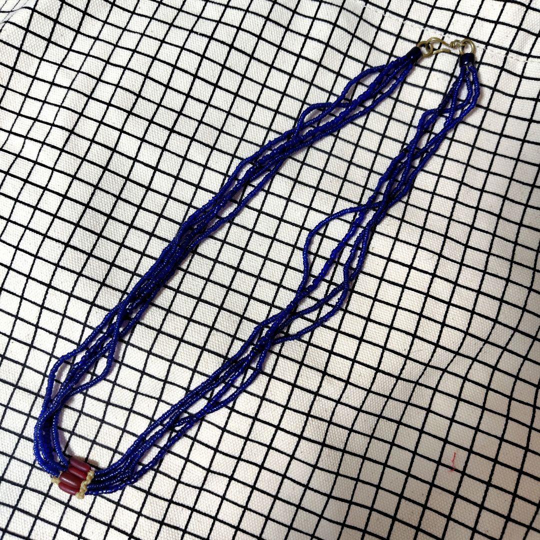 45rpm ネックレス　ビーズ　青系　赤いポイント