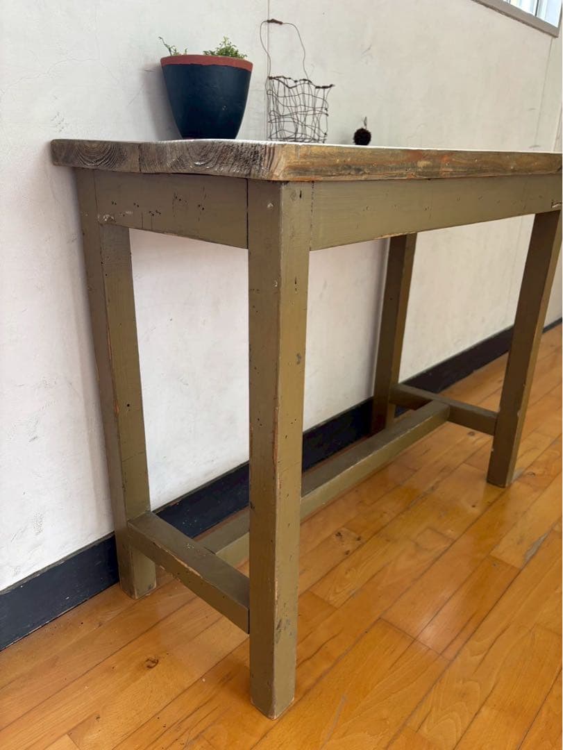 長机　ワークデスク　オリーブグリーン　アンティーク風にエージング加工