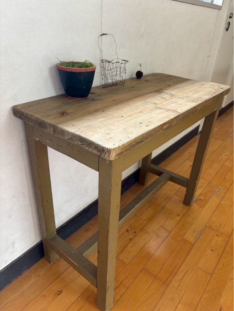 長机　ワークデスク　オリーブグリーン　アンティーク風にエージング加工