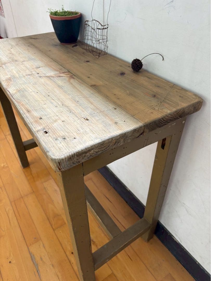 長机　ワークデスク　オリーブグリーン　アンティーク風にエージング加工