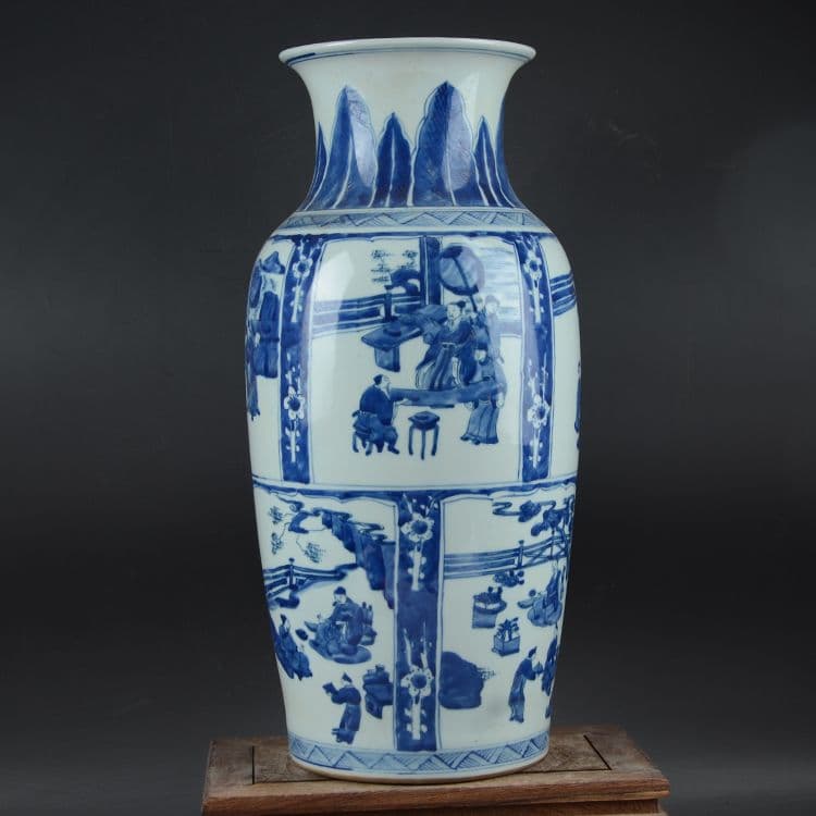 大清康熙青花窓人物紋花瓶 景徳鎮 陶磁器 装飾品 現代工芸品 美術品 置物