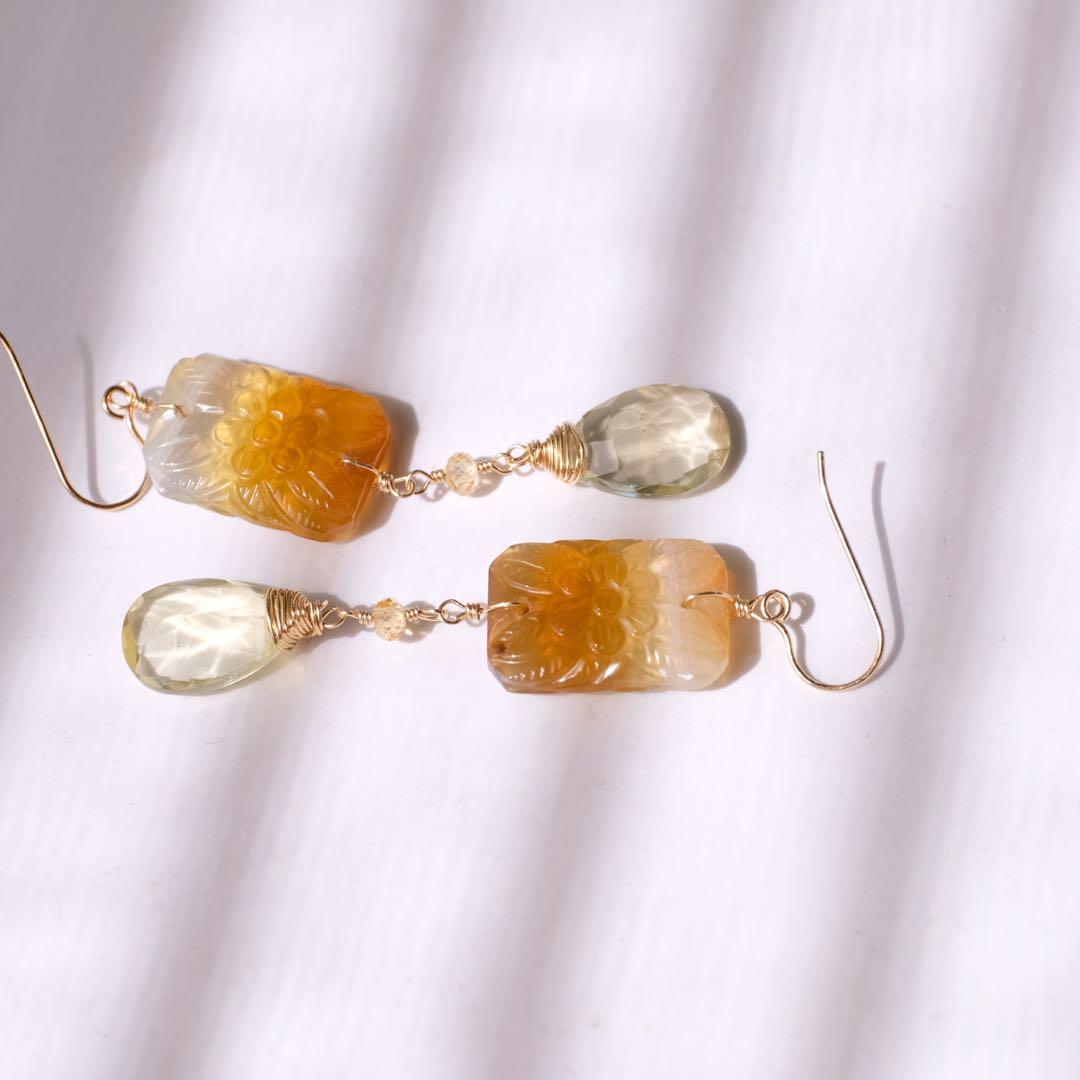 14kgfバイカラーイエローオニキスカービングピアス/イヤリング