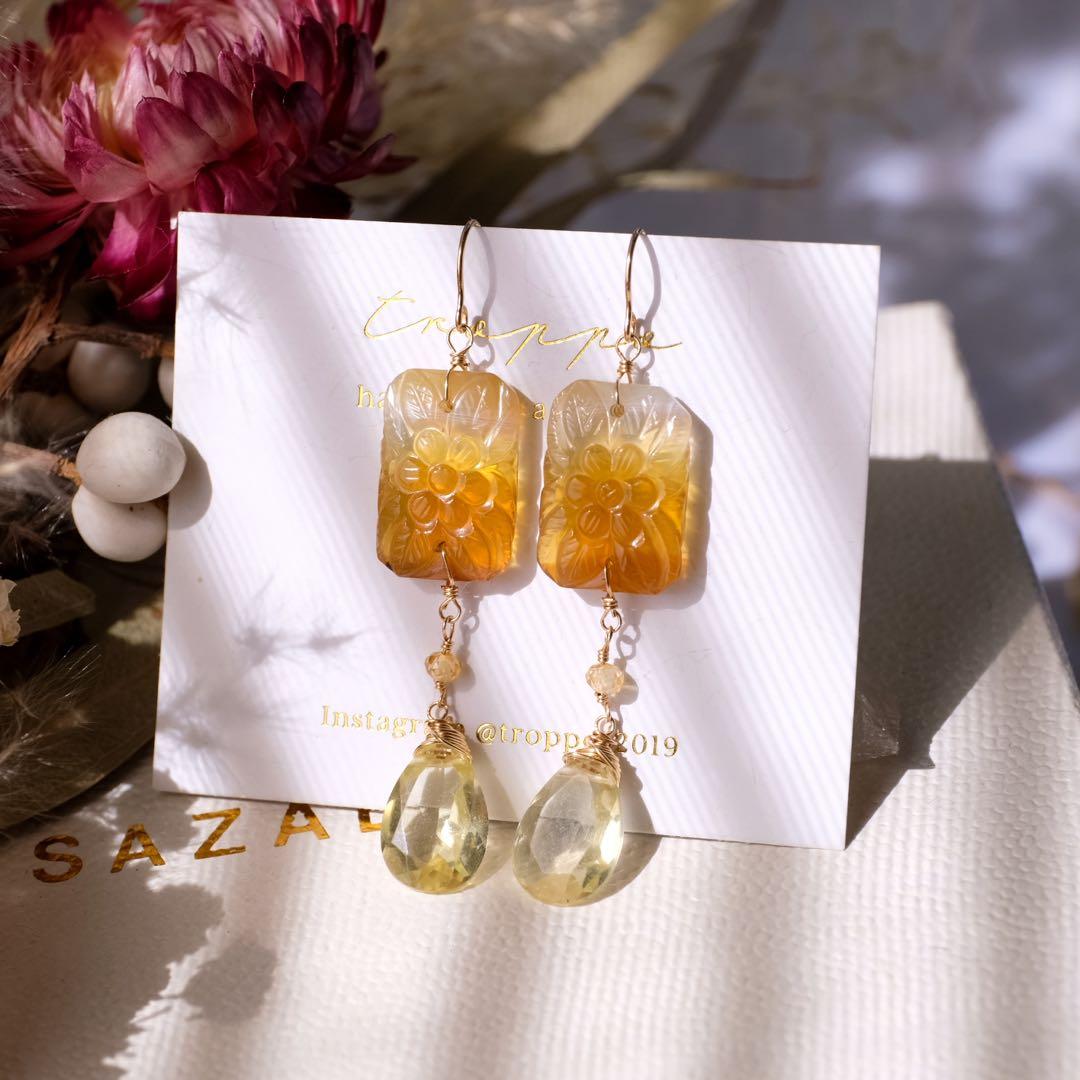 14kgfバイカラーイエローオニキスカービングピアス/イヤリング