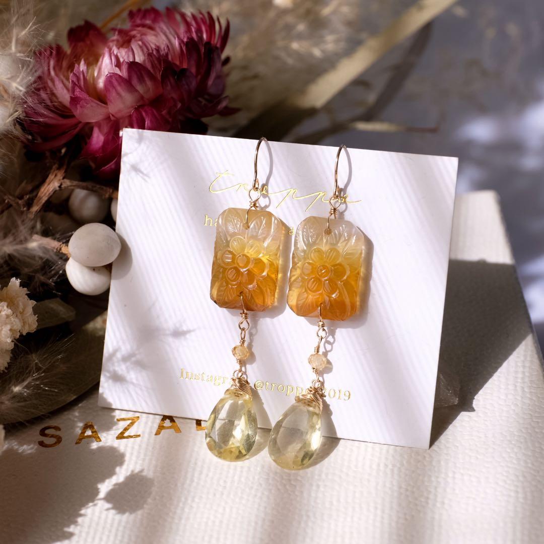 14kgfバイカラーイエローオニキスカービングピアス/イヤリング