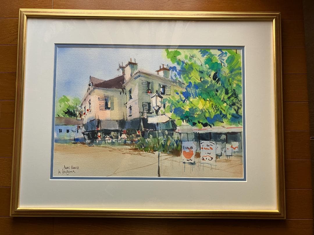 【真作】答島 汎 水彩原画「パリの街角」大型高級額装（前面ガラス仕様）