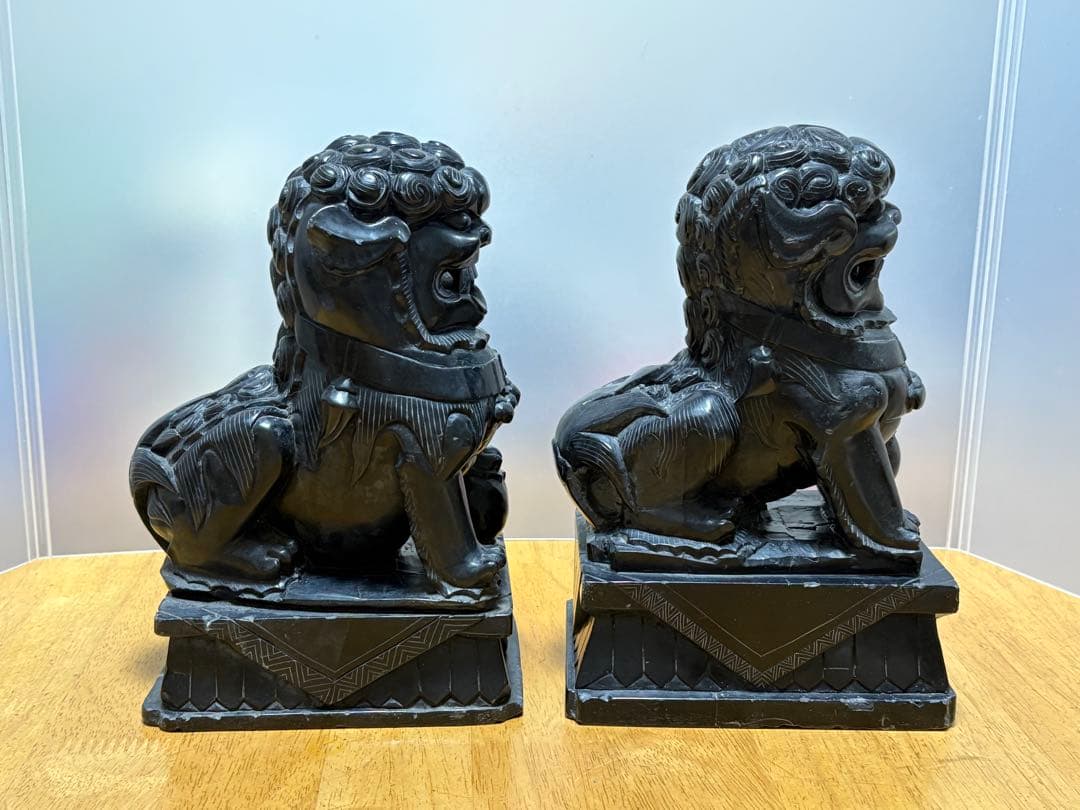 希少 那智黒石 狛犬 一対 高さ約23cm 石彫り 置物 縁起物 玄関飾り