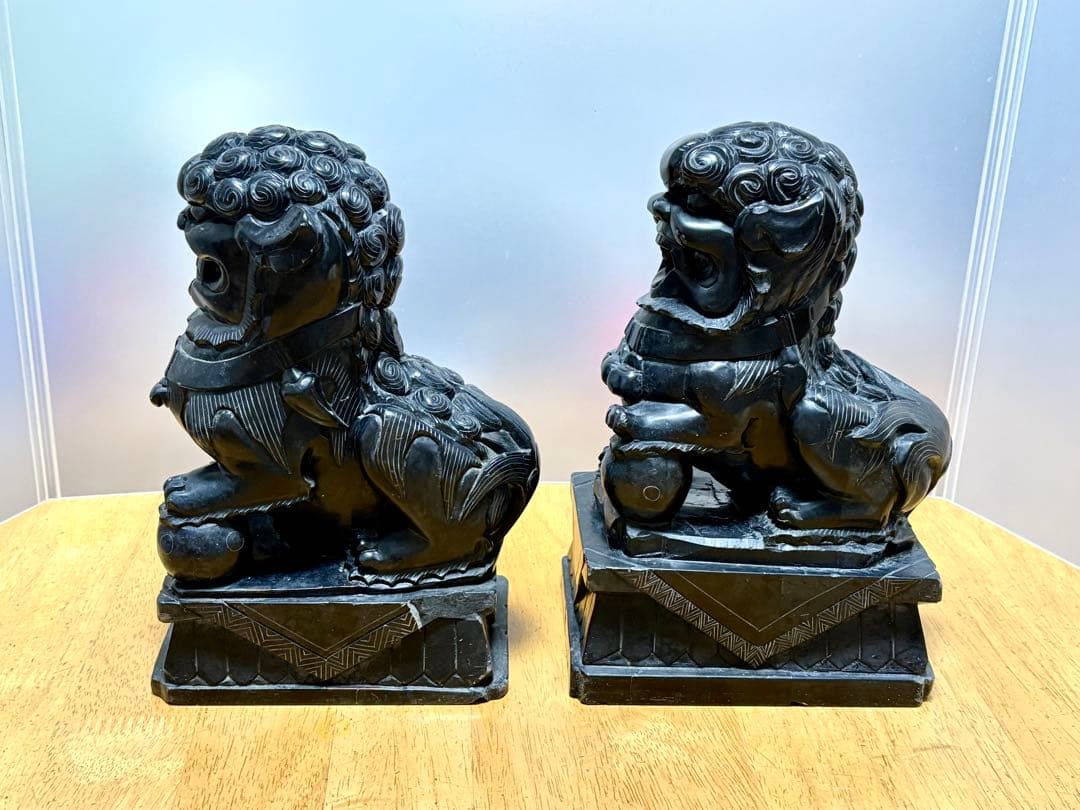 希少 那智黒石 狛犬 一対 高さ約23cm 石彫り 置物 縁起物 玄関飾り