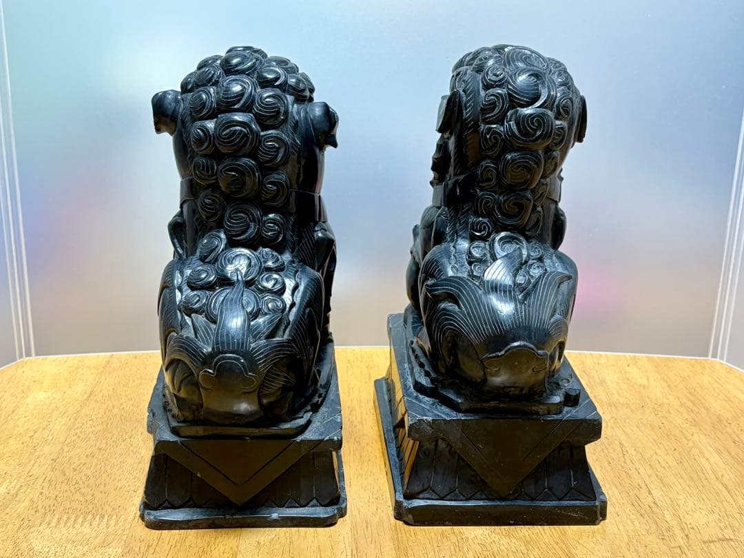 希少 那智黒石 狛犬 一対 高さ約23cm 石彫り 置物 縁起物 玄関飾り