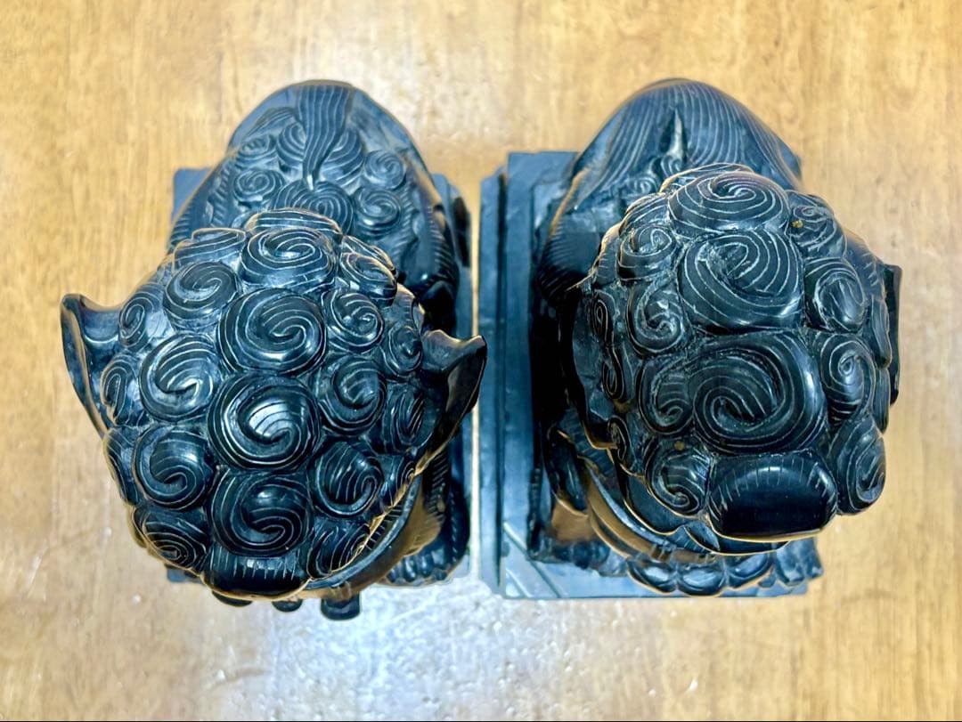 希少 那智黒石 狛犬 一対 高さ約23cm 石彫り 置物 縁起物 玄関飾り